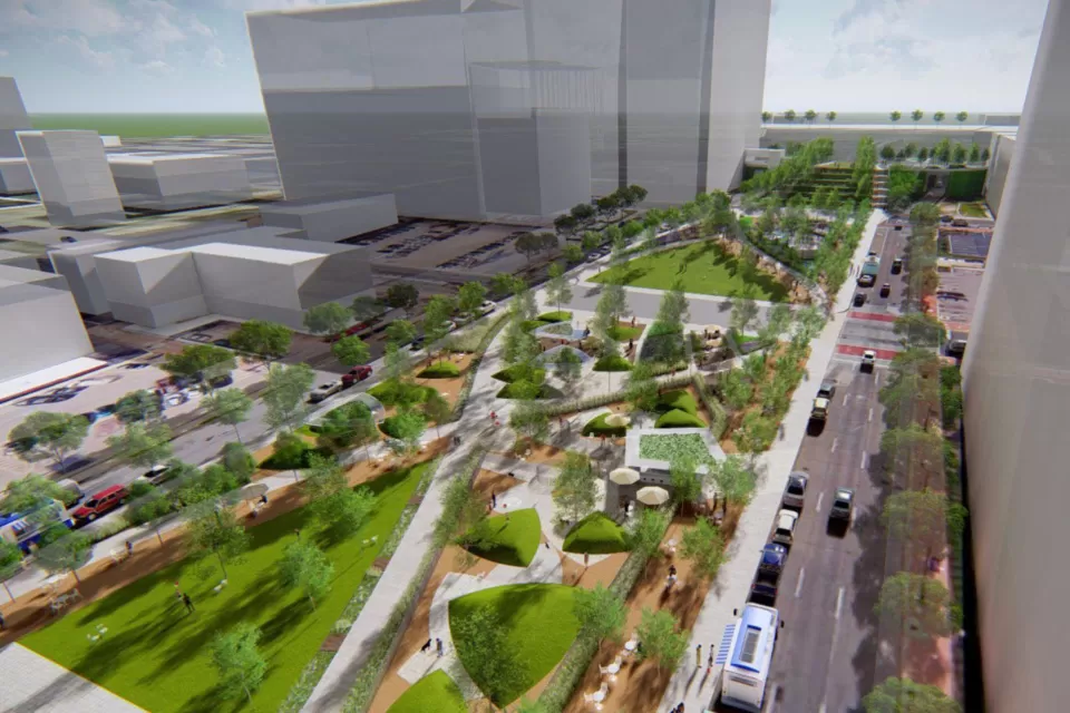Rendering of proposed South Loop Link Park over I 670 in Kansas City, MO